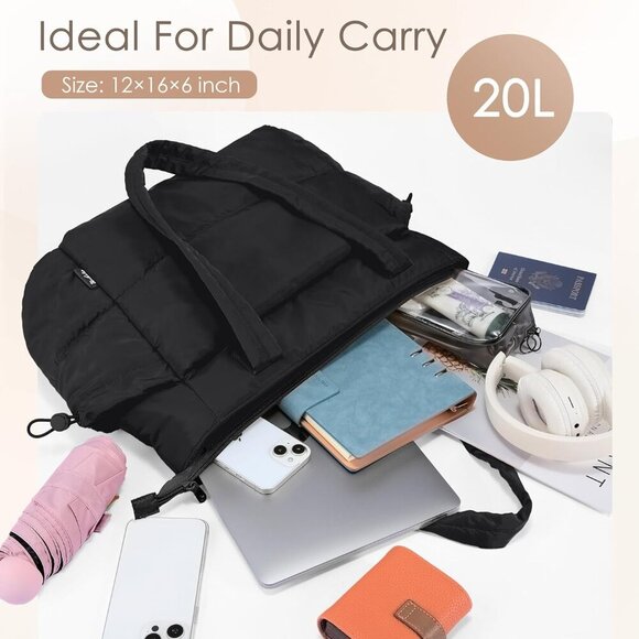 Women`s Puffy Tote Bag Lightweight Quilted Zipper Travel Work Purse - Picture 2 of 6